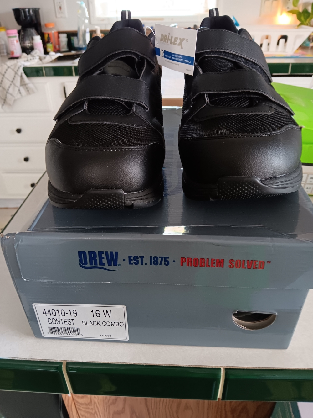 Drew Men’s Black Combo Contest Work Shoe - Velcro Closure Size 16 Wide.